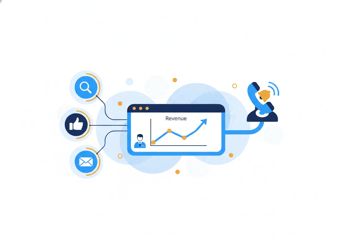Illustration of search, social and email channels feeding one dashboard with a rising revenue curve, for an HVAC company