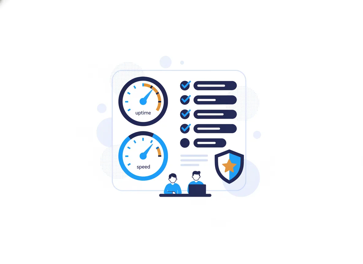 Illustration of a website care dashboard with uptime and speed gauges, a monthly checklist and a security shield, for an auto-glass shop