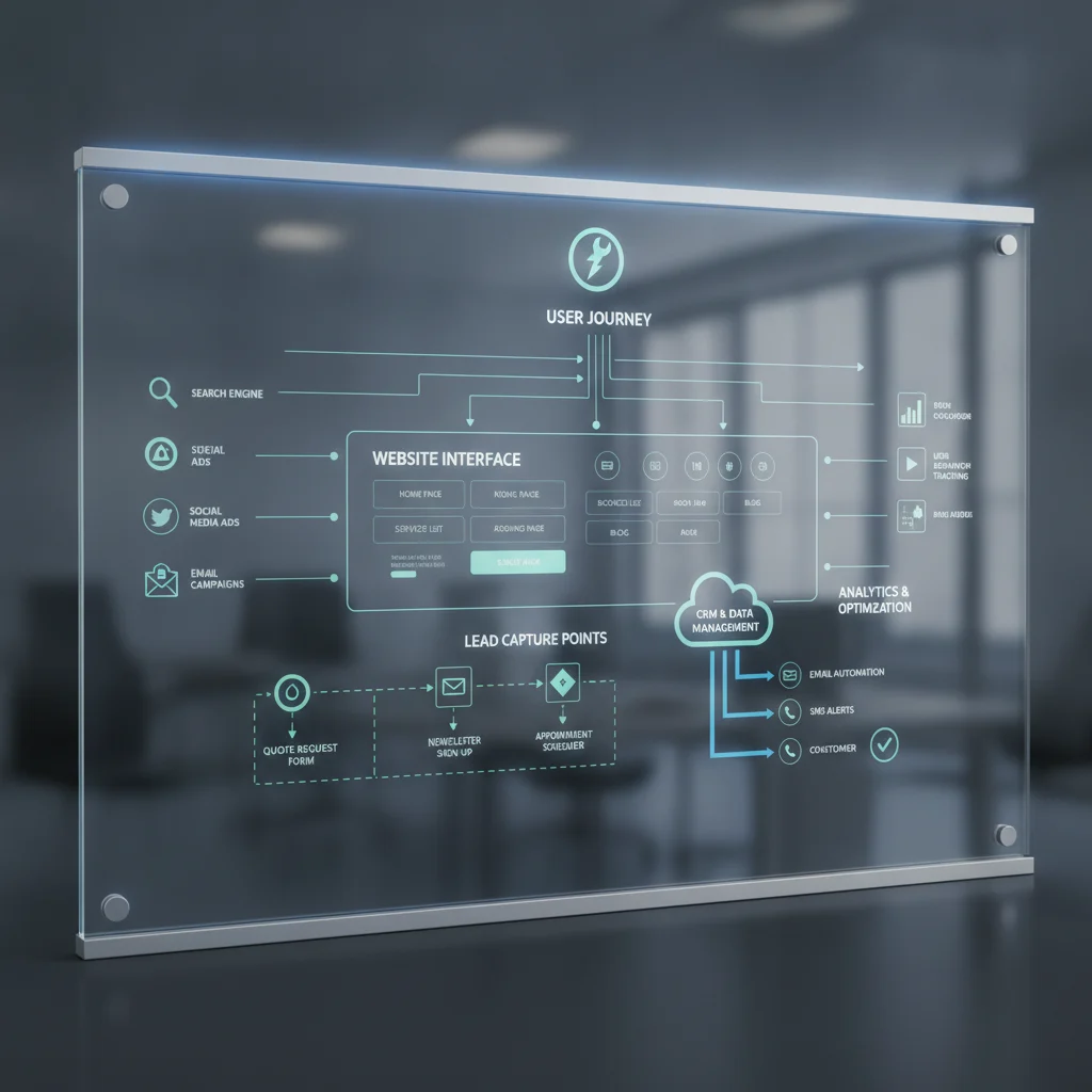 A detailed schematic or infographic showing data flow, user journey paths, and lead capture points on a digital screen, representing advanced web design and marketing strategy for an electrician. The image should be clean, modern, and professional, with no text overlays, no exposed wires, and bright, clear lighting.