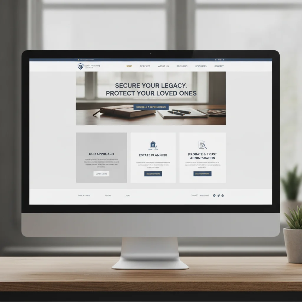 A professional, modern website interface for an estate planning law firm, showcasing clear navigation, a prominent call-to-action, and a clean layout. The image should convey sophistication and trust, with no text overlays or low lighting.