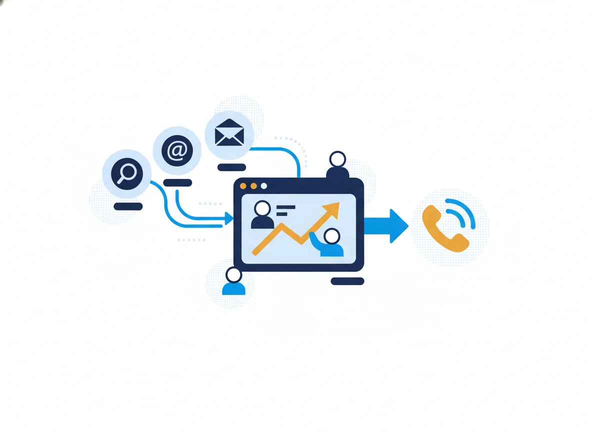 Illustration of search, social and email channels feeding one dashboard with a rising revenue curve, for an HVAC company