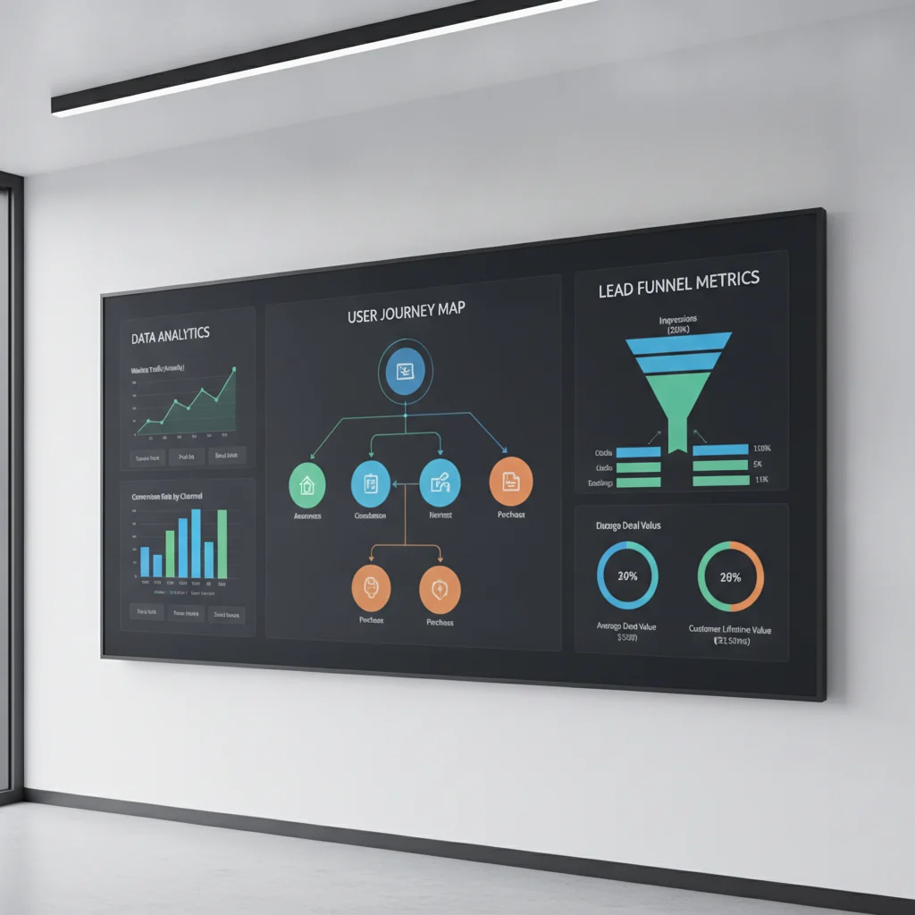A professional digital dashboard displaying data analytics, user journey maps, and lead funnel metrics for an HVAC website, with clean, modern graphics and a sense of strategic planning. No text overlays, no competitors, bright lighting.