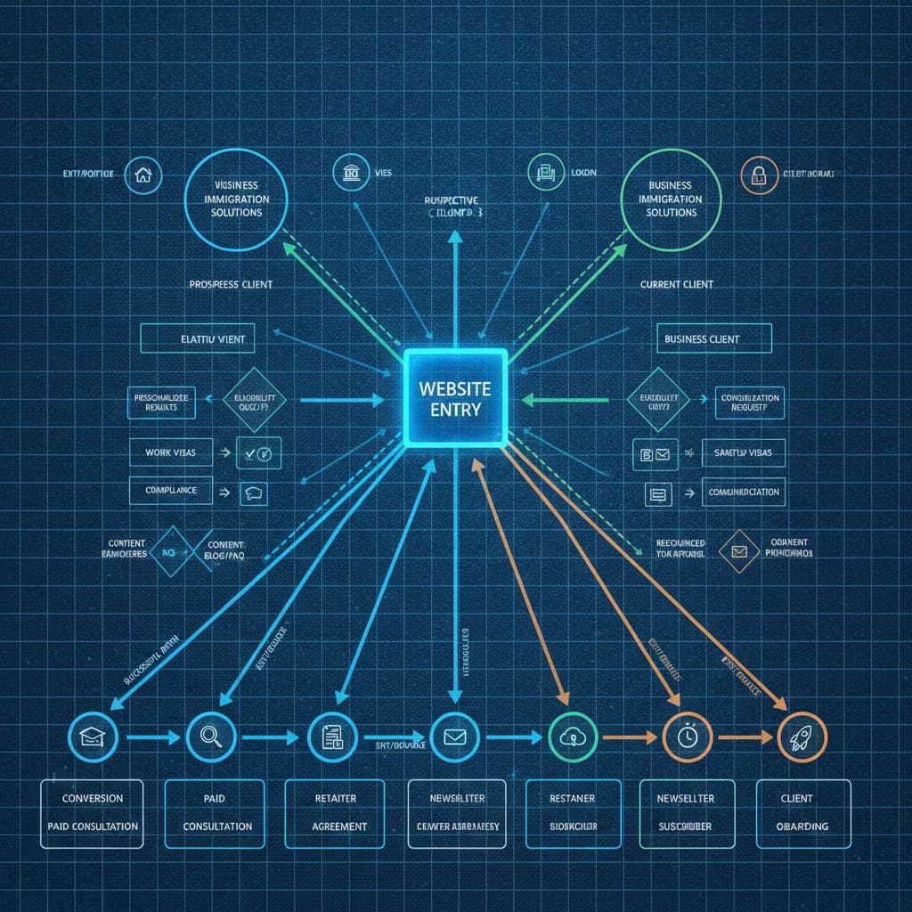 A detailed schematic or flowchart illustrating user journeys on an immigration law website, showing decision points, content consumption, and conversion paths, with arrows and icons representing different user actions. Clean, professional, and abstract digital representation.