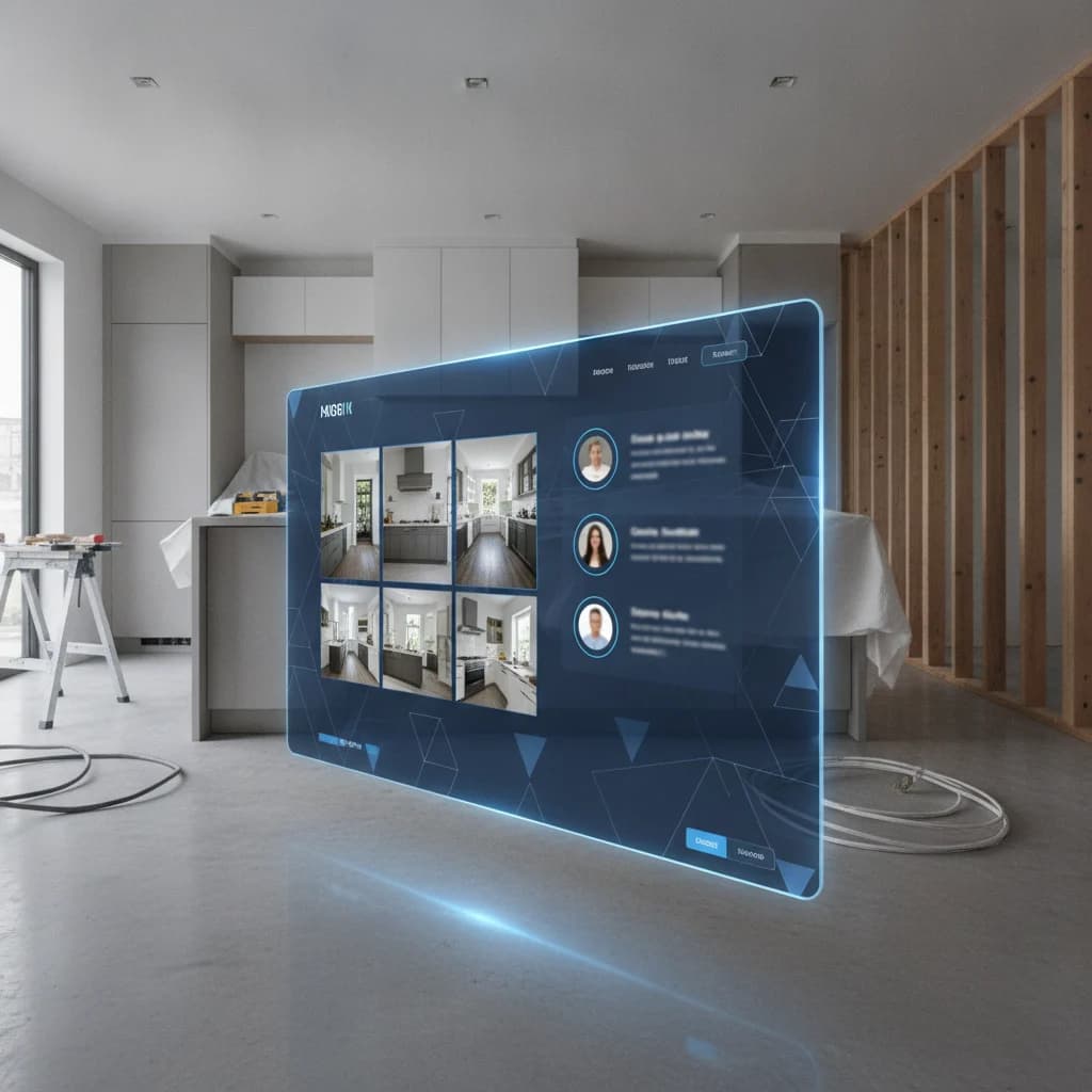 A detailed, modern kitchen remodeling project in progress, with a sleek, user-friendly website design mockup overlaid on a transparent screen in the foreground, showcasing project galleries and customer testimonials. The image should convey professionalism and digital sophistication, without text, competitors, or unorganized kitchen elements.