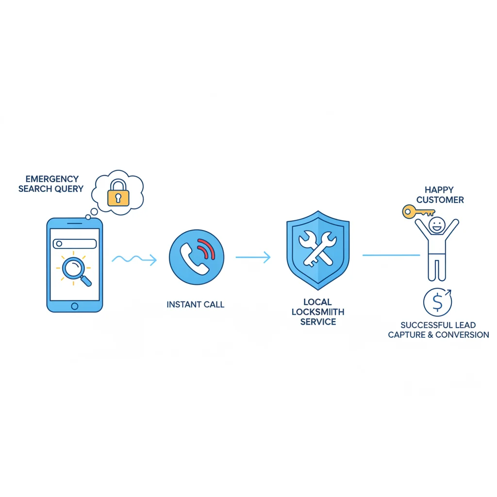 The journey from a user's emergency search query to a successful lead capture and conversion for a locksmith service