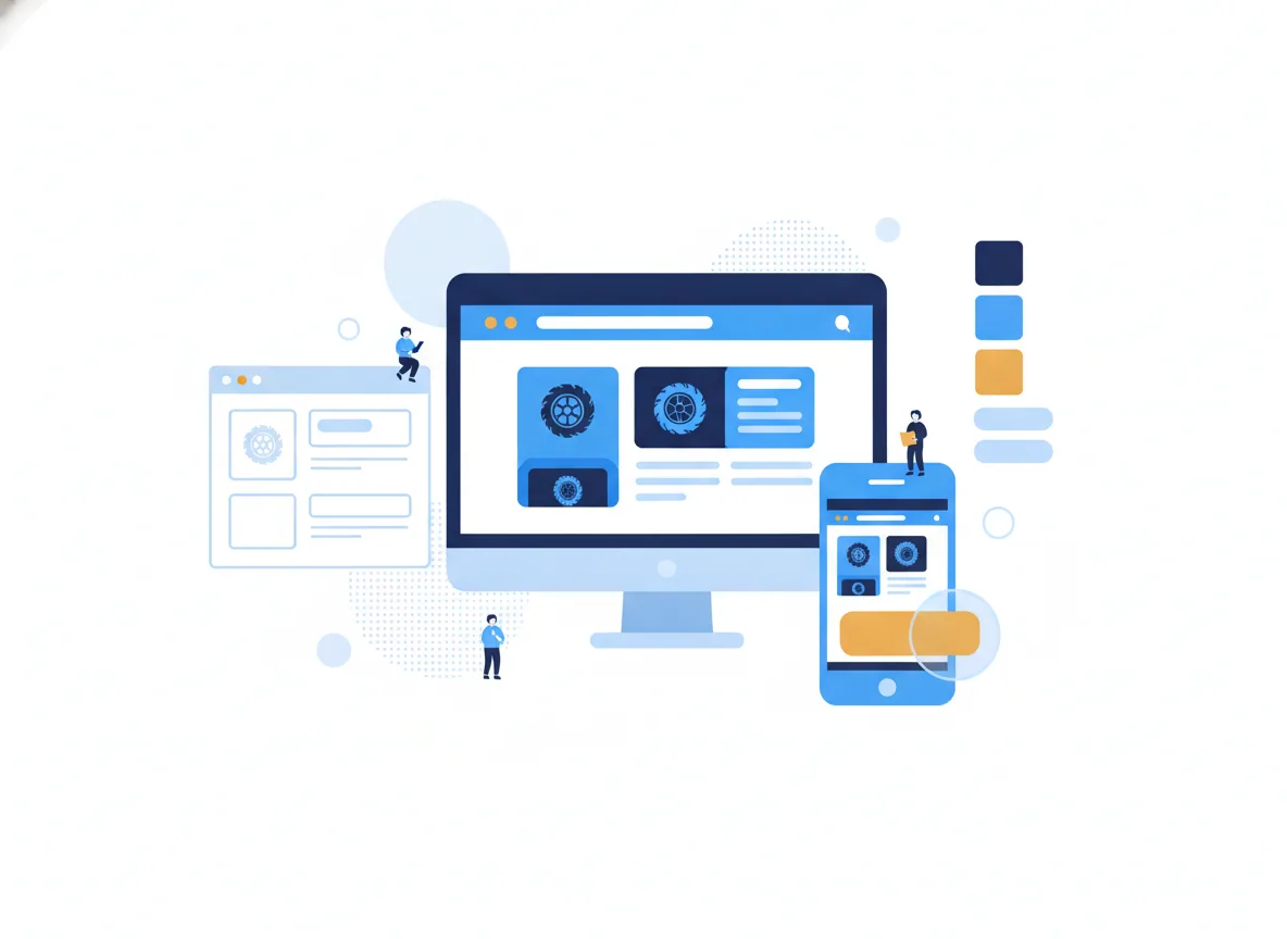 Illustration of a wireframe becoming a finished website on a phone and a desktop, with color and type swatches, for a tire shop