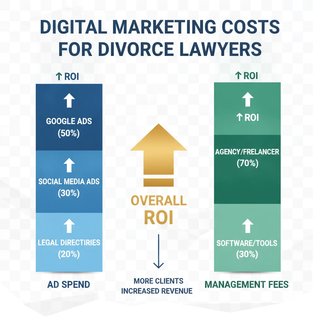 A detailed, clear infographic showing a breakdown of digital marketing costs for divorce lawyers, illustrating ad spend vs. management fees, with upward-trending ROI arrows. The infographic should be clean, professional, and easy to understand, without any text overlays or brand logos.