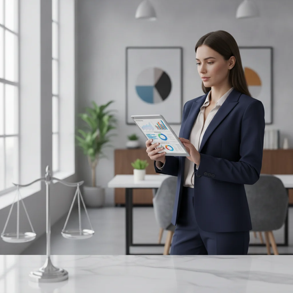 A professional, clean, and modern office setting with a blurred background, showing a confident lawyer looking at a tablet displaying graphs and analytics related to SEO performance and client acquisition. The foreground features a subtle representation of legal scales or a gavel. Bright, natural lighting. NO text overlays, NO text in image, NO competitors, NO low-lighting.