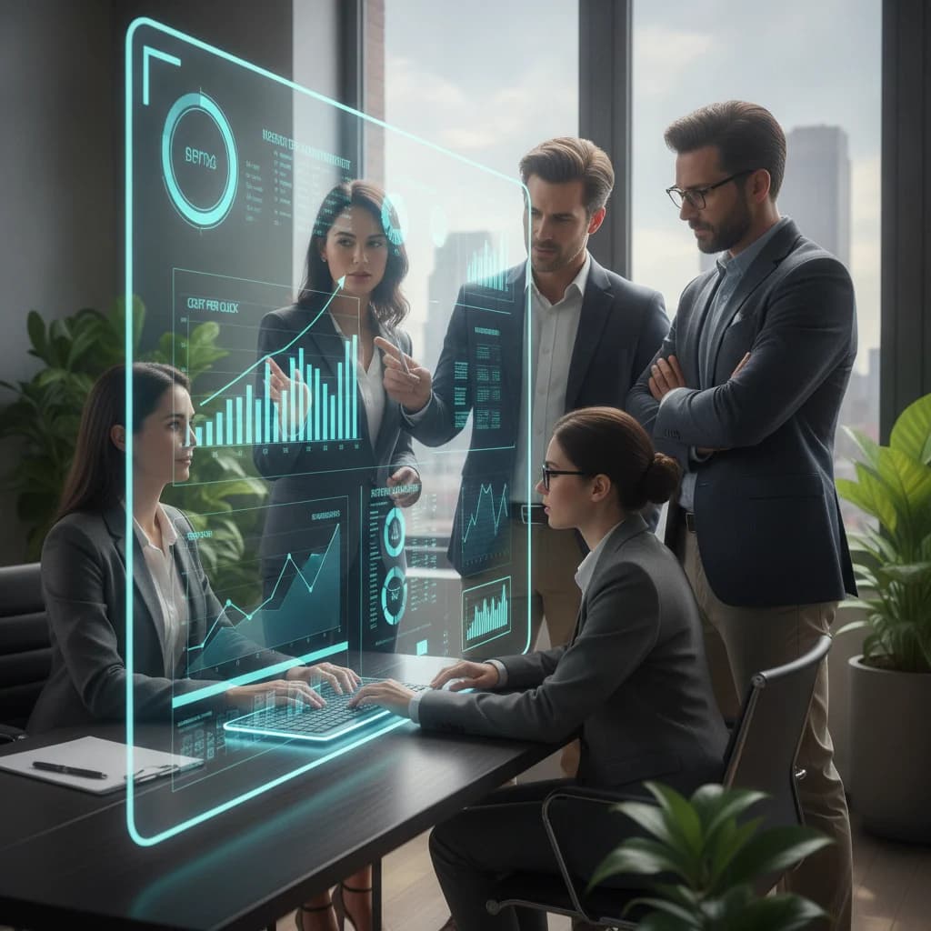 A diverse group of legal professionals, both male and female, collaborating around a large digital display showing Meta Ads campaign performance data, including graphs for CPC, conversions, and ROI. They are pointing at specific metrics and discussing strategy in a modern, well-lit office. No text in the image, no brand logos, professional atmosphere.