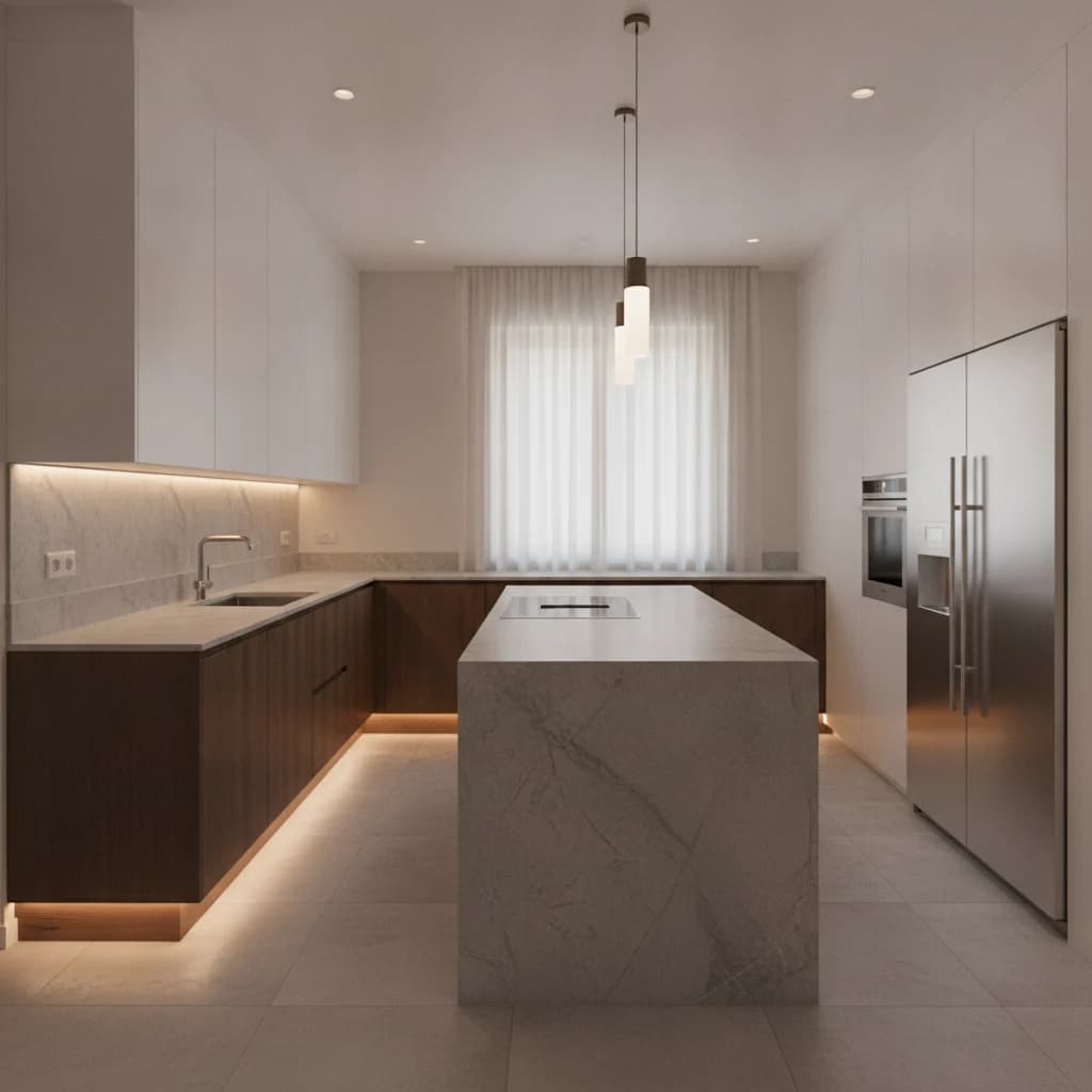 A detailed, modern kitchen with warm lighting, no people, focus on clean lines and high-quality materials, no text in image, no competitors, no unorganized kitchens, in a realistic photographic style