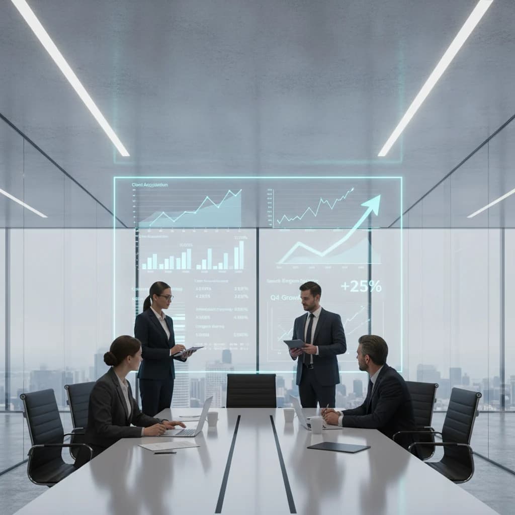 A professional legal setting, with a lawyer or legal team reviewing digital performance metrics on a large screen, showing growth graphs and search engine rankings. The image should convey strategic planning and results, using modern, clean aesthetics. No text overlays, no competitors, no low-lighting, no generic gavels.