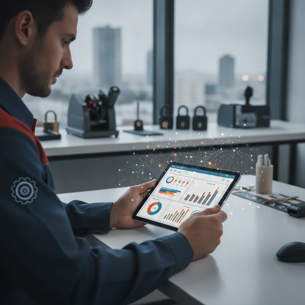 A clear, bright image of a modern locksmith using a tablet to analyze digital marketing data, with a subtle overlay of abstract network connections. Focus on professionalism and technology, no text, no competitors.