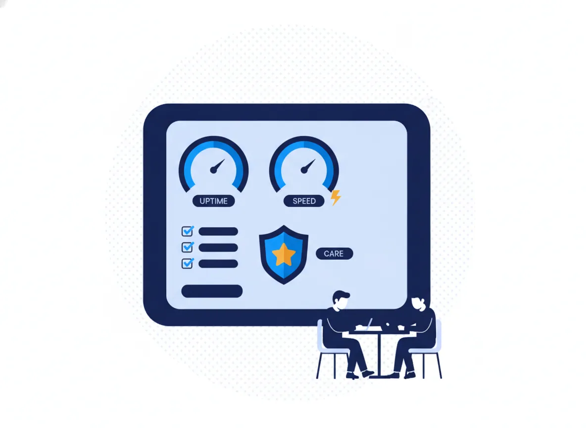 Illustration of a website care dashboard with uptime and speed gauges, a monthly checklist and a security shield, for a law firm