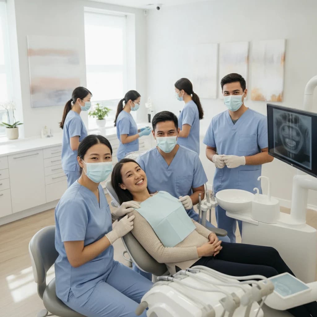 A diverse group of dental professionals, including dentists and hygienists, smiling and working collaboratively in a modern, brightly lit dental office. The image should convey professionalism and patient care, with no scary instruments or low lighting, and no text overlay.