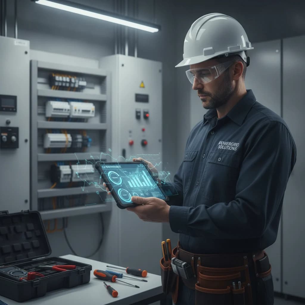 A professional male electrician wearing a hard hat and safety glasses, looking at a tablet displaying marketing analytics with subtle digital graphs and charts overlaid. The background features a clean, well-lit modern electrical panel and tools, with no exposed wires or text.