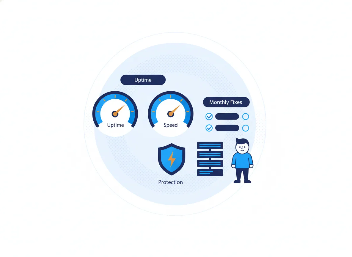 Illustration of a website care dashboard with uptime and speed gauges, a monthly checklist and a security shield, for an electrical contractor