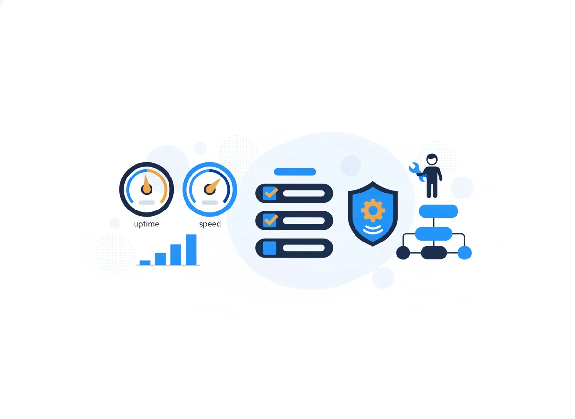 Illustration of a website care dashboard with uptime and speed gauges, a monthly checklist and a security shield, for an HVAC company