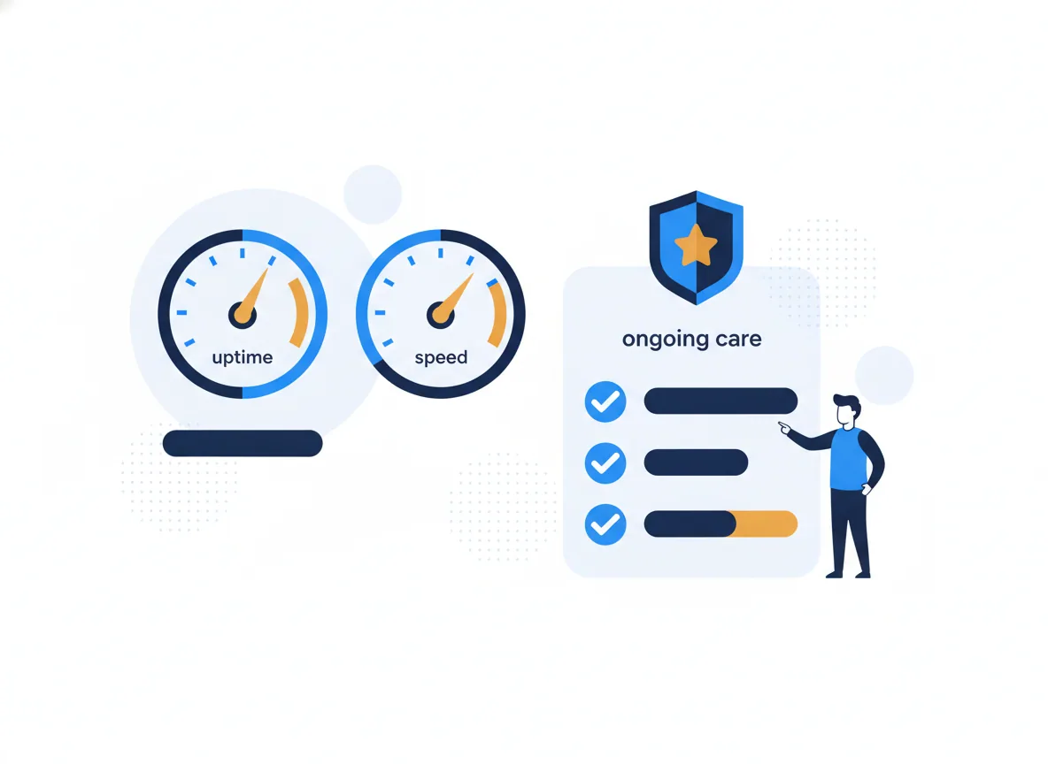 Illustration of a website care dashboard with uptime and speed gauges, a monthly checklist and a security shield, for an auto-repair shop