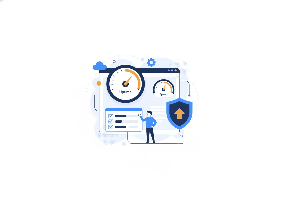 Illustration of a website care dashboard with uptime and speed gauges, a monthly maintenance checklist and a security shield, representing the ongoing cost of a physical therapy website