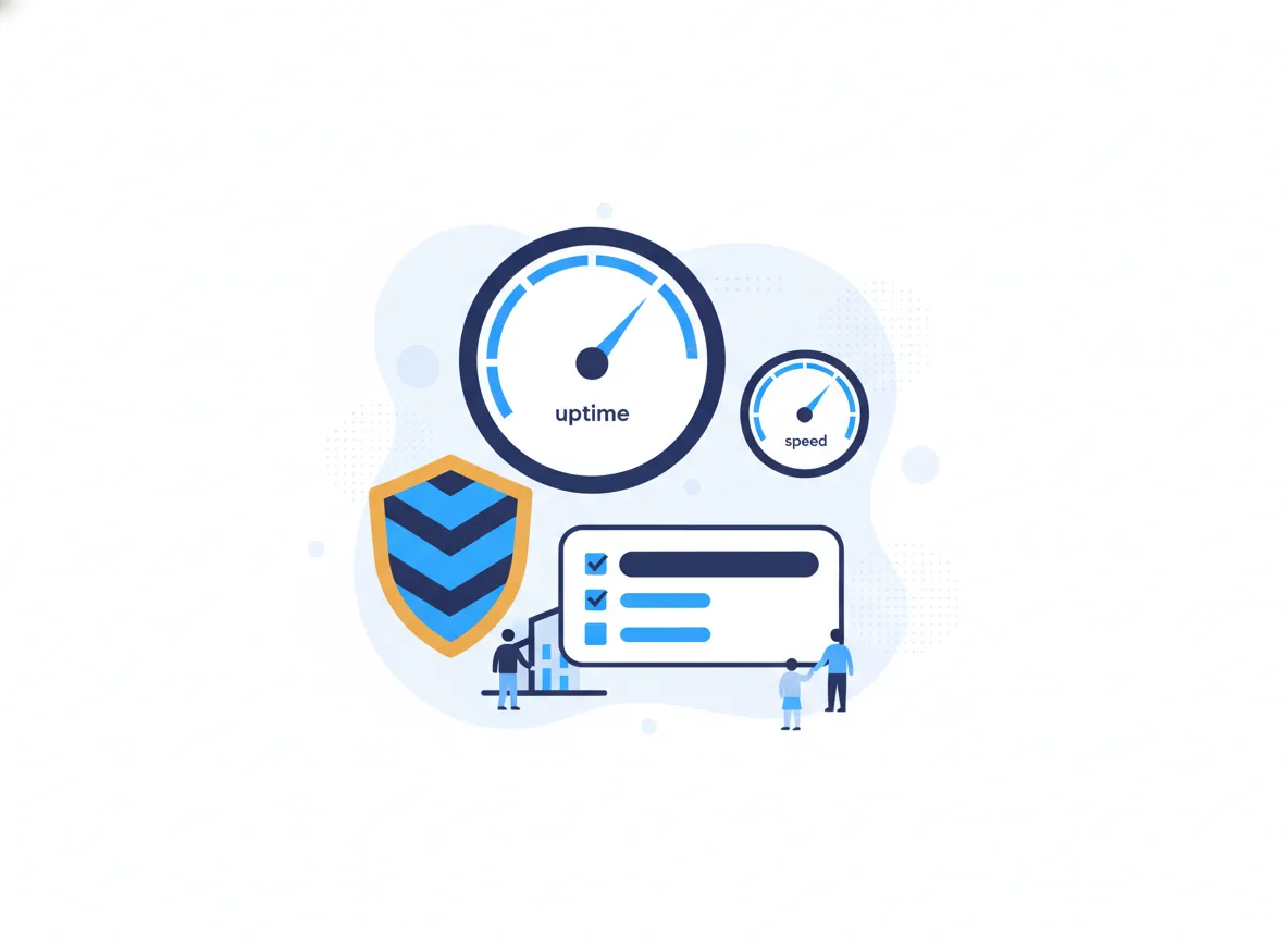 Illustration of a website care dashboard with uptime and speed gauges, a monthly checklist and a security shield, for a property-management company
