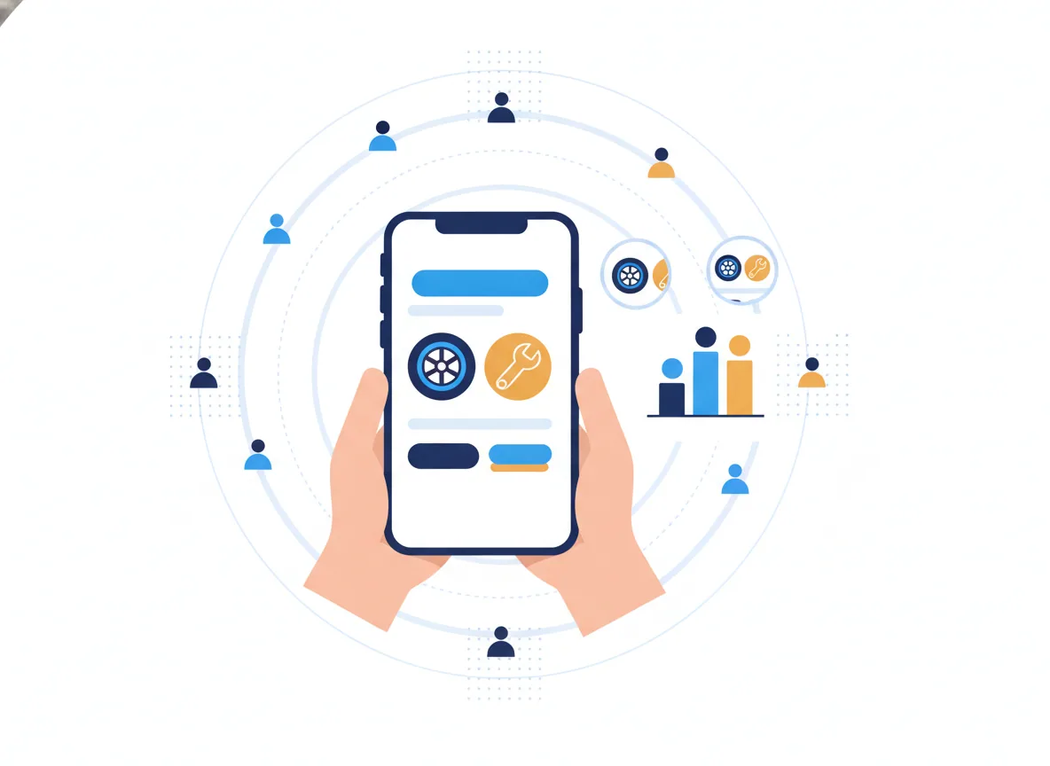 Illustration of a phone showing a sponsored social post, audience targeting rings and a small results chart, for a tire shop