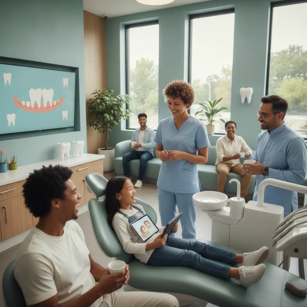 A diverse group of smiling dental patients and a friendly dentist interacting in a modern, brightly lit dental office. The focus is on comfort and positive patient experience, with no scary instruments or competitors visible. NO text in image.