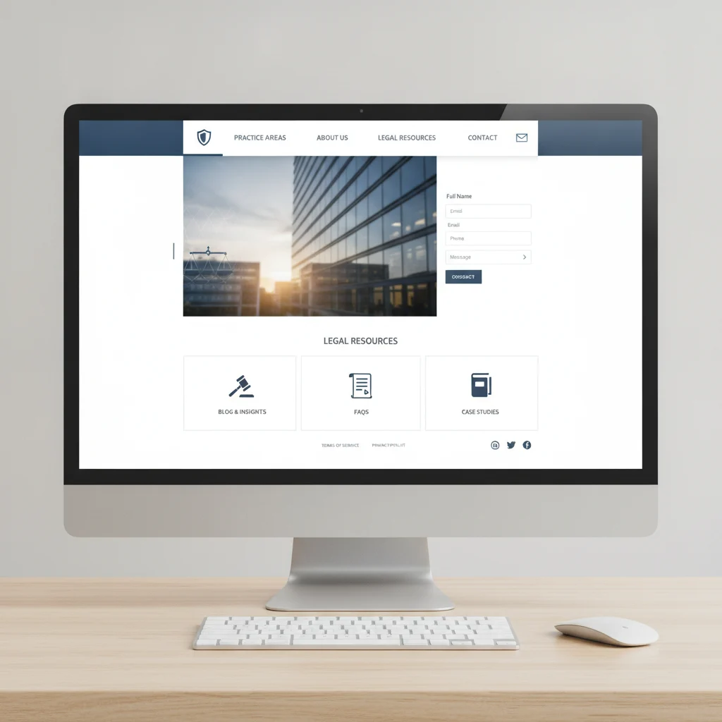 A professional, clean, and modern website interface for a law firm, displaying clear navigation, contact forms, and legal resources. The image should convey trust and efficiency, with subtle legal iconography. NO text overlays, NO text in image, NO competitors, NO low-lighting