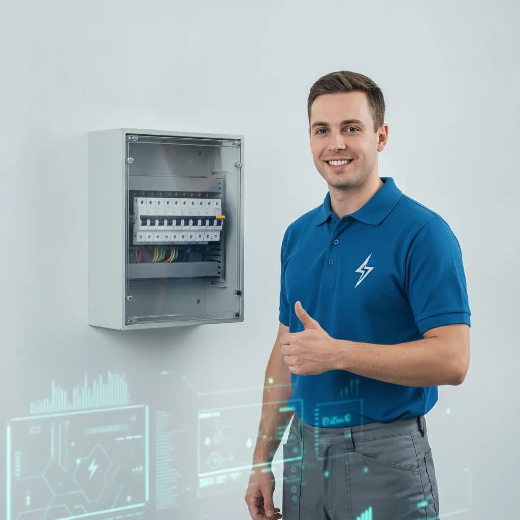 A professional, well-lit image of a smiling electrician in a clean uniform, giving a thumbs-up next to a modern circuit breaker box, with a subtle digital interface overlay in the background. NO text overlays, NO text in image, NO competitors, NO low-lighting, NO exposed wires.
