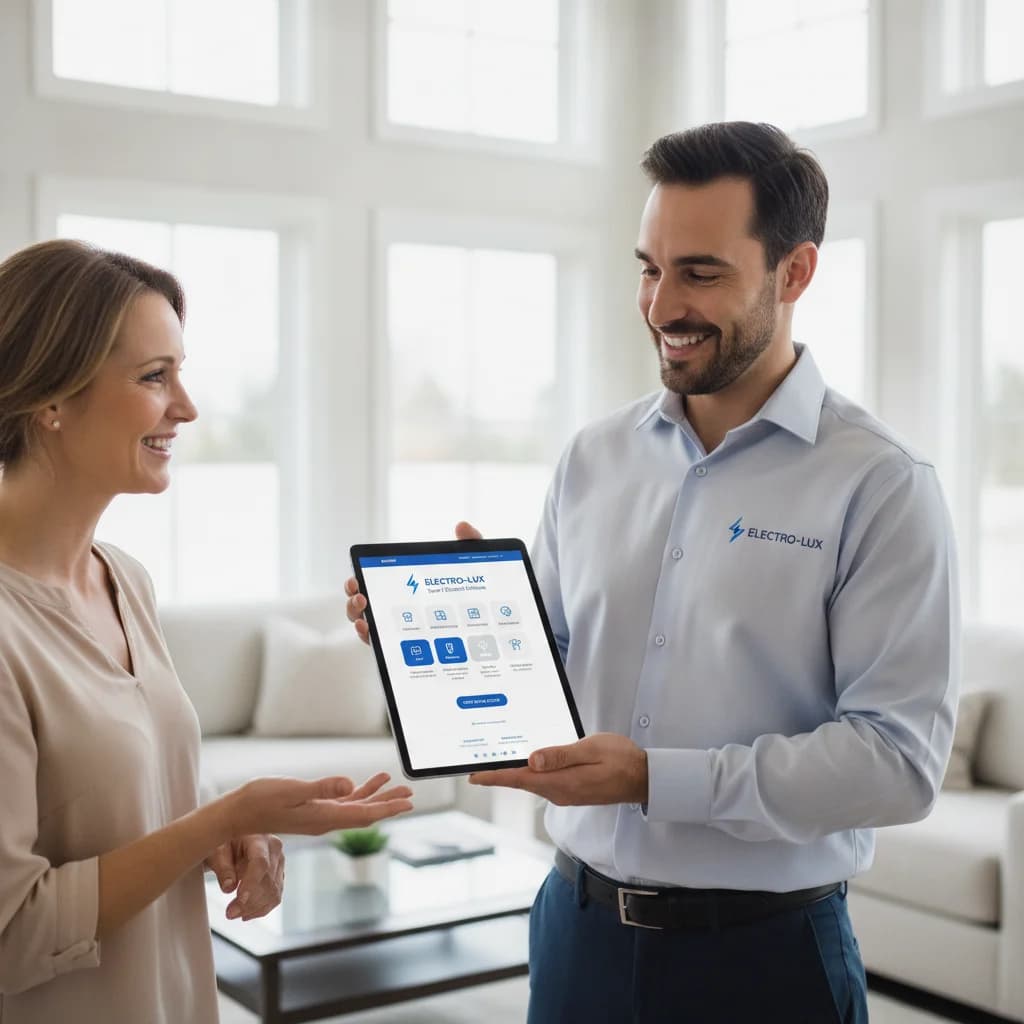 A professional electrician using a tablet to showcase a modern, sleek electrical company website to a homeowner, both smiling. The website design on the tablet is clean, easy to navigate, and clearly displays services and contact information. No text overlays, no exposed wires, bright and inviting home setting.
