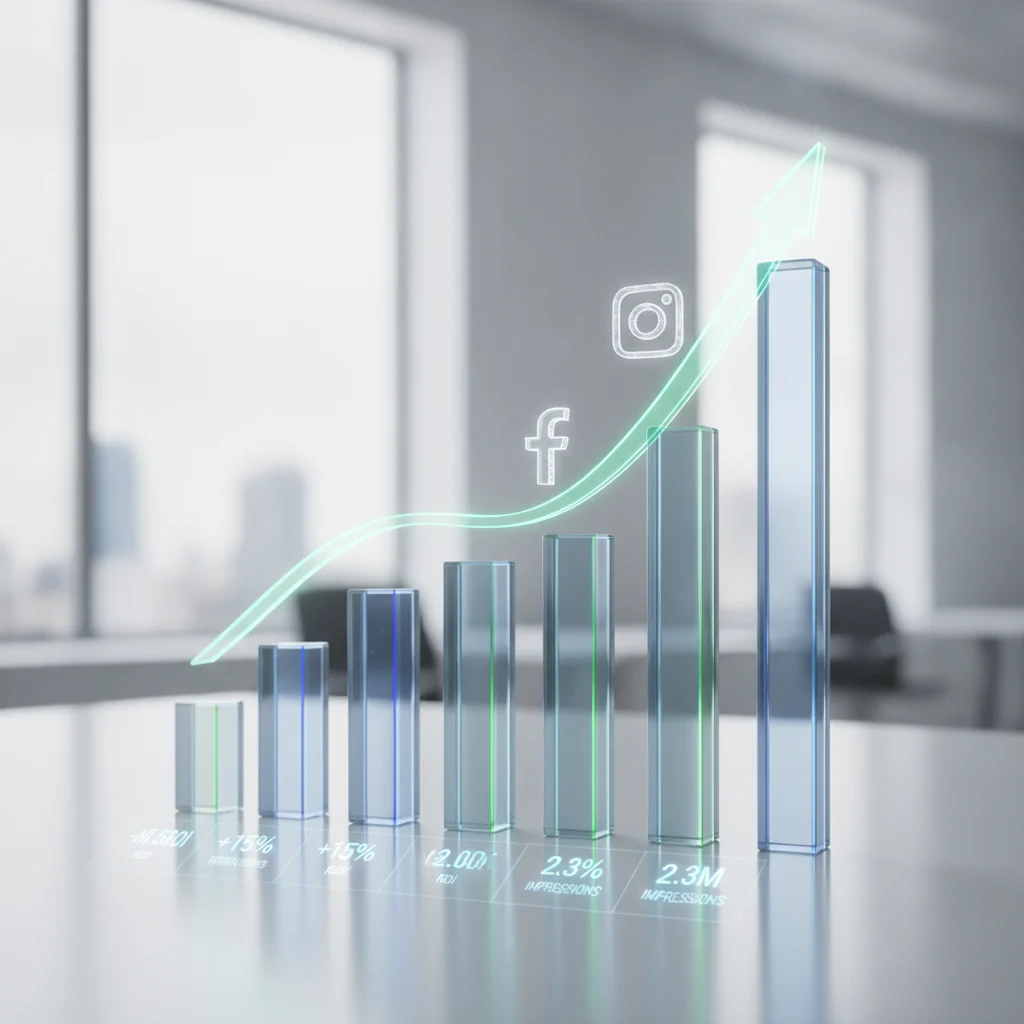 A professional, clean image depicting financial metrics and digital marketing. A graph showing upward trends, with digital icons like a Facebook/Instagram logo subtly integrated. The focus is on transparency and growth, without any text overlays or competitors, in good lighting.