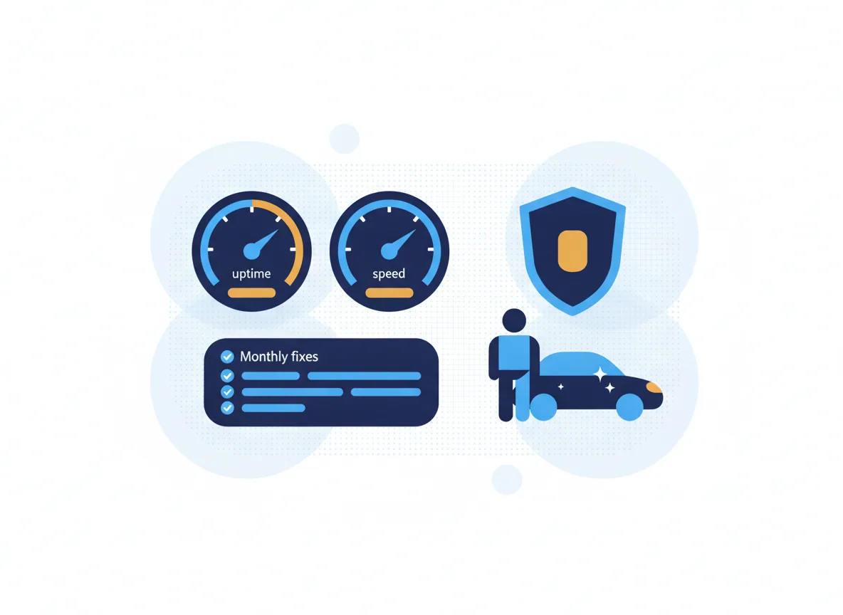 Illustration of a website care dashboard with uptime and speed gauges, a monthly checklist and a security shield, for an auto-detailing and car-wash business