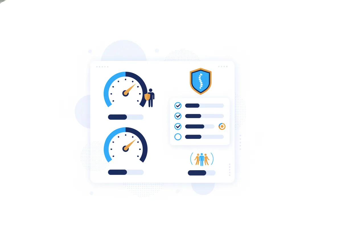 Illustration of a website care dashboard with uptime and speed gauges, a monthly checklist and a security shield, for a chiropractic clinic