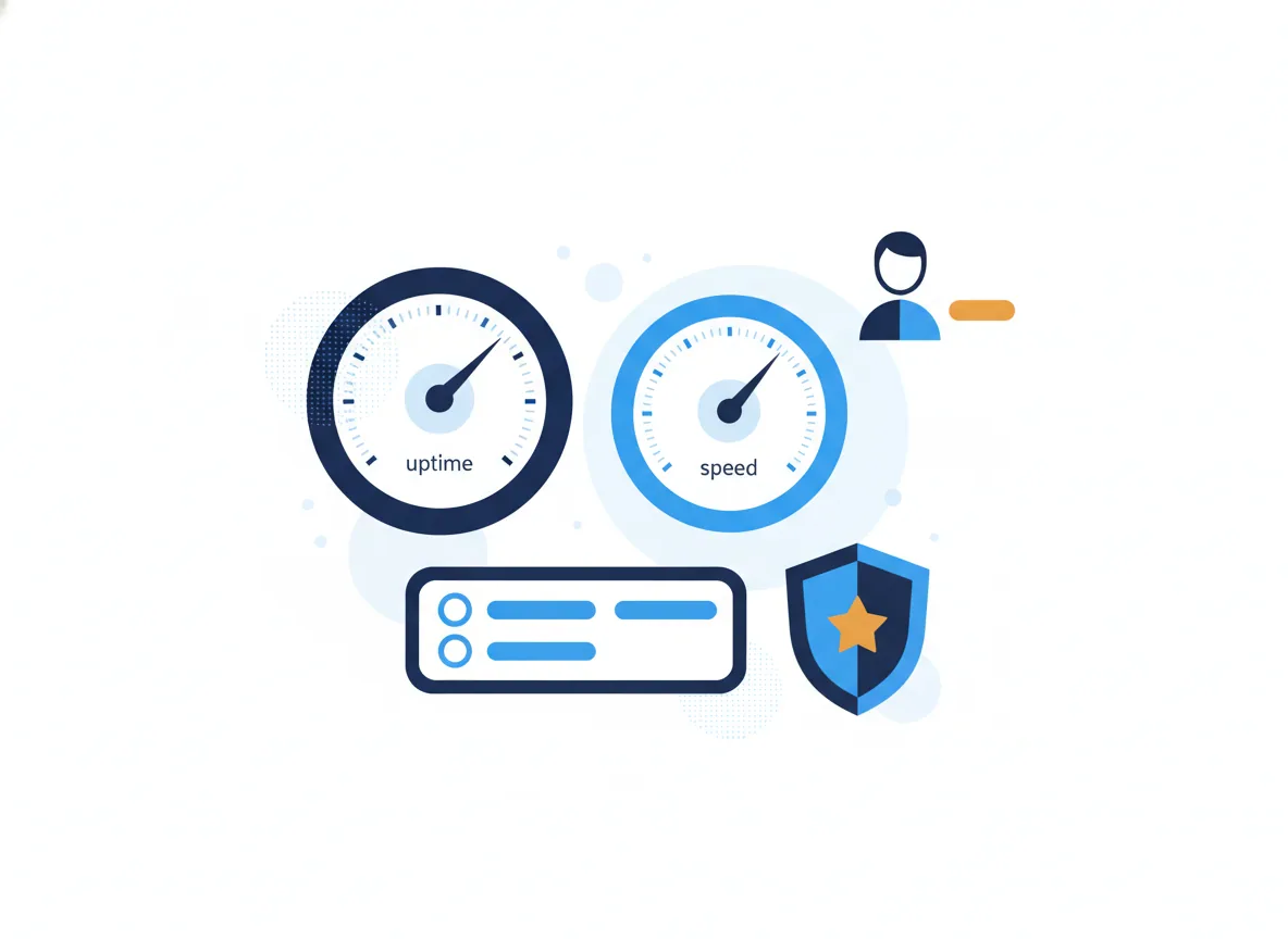 Illustration of a website care dashboard with uptime and speed gauges, a monthly checklist and a security shield, for a law firm