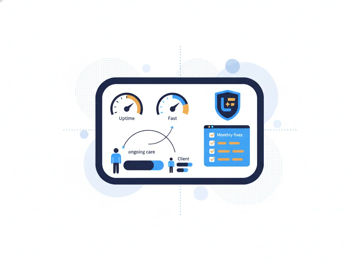 Illustration of a website care dashboard with uptime and speed gauges, a monthly checklist and a security shield, for a law firm