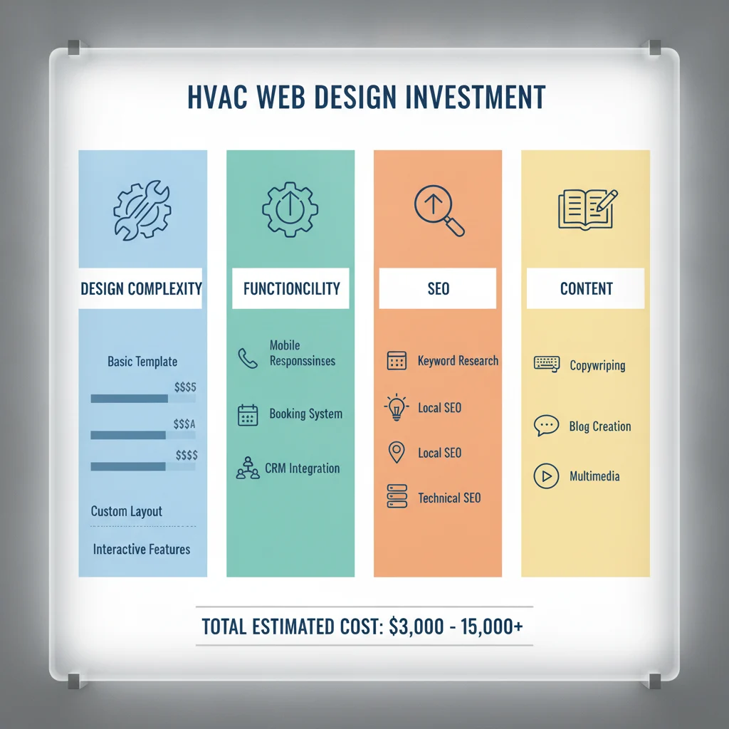 A detailed, modern infographic depicting a breakdown of HVAC web design costs, with sections for "Design Complexity," "Functionality," "SEO," and "Content," using clean icons and a professional color scheme. No text overlay, bright lighting.