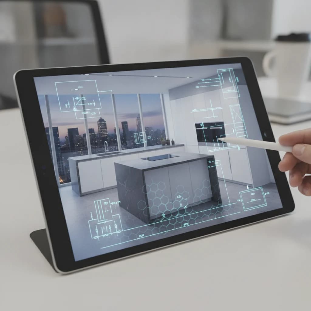 A sleek, modern kitchen design concept displayed on a digital tablet or computer screen, with a blueprint overlay. The image should convey professionalism, technology, and the transformation of a space. No text in the image, no competitors, no unorganized kitchens.