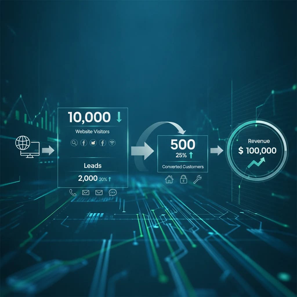 A detailed, modern infographic illustrating the flow from website visitor to converted customer for a locksmith service, showing metrics like leads, conversions, and revenue, against a backdrop of digital graphs and arrows. The design should be clean, professional, and visually engaging, with no text in the image, no competitors, and excellent lighting.