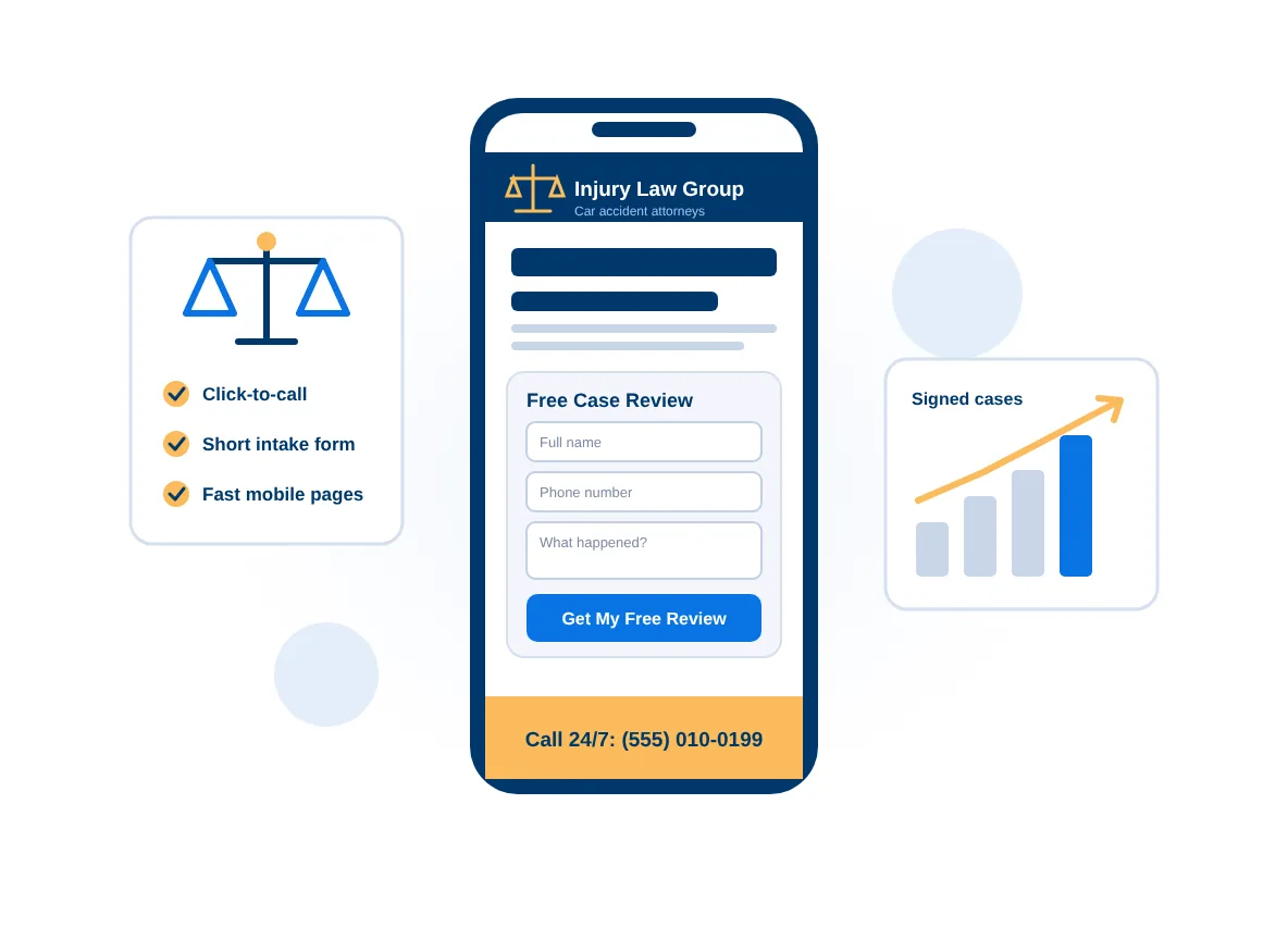 Personal injury law firm website on mobile with free case review form