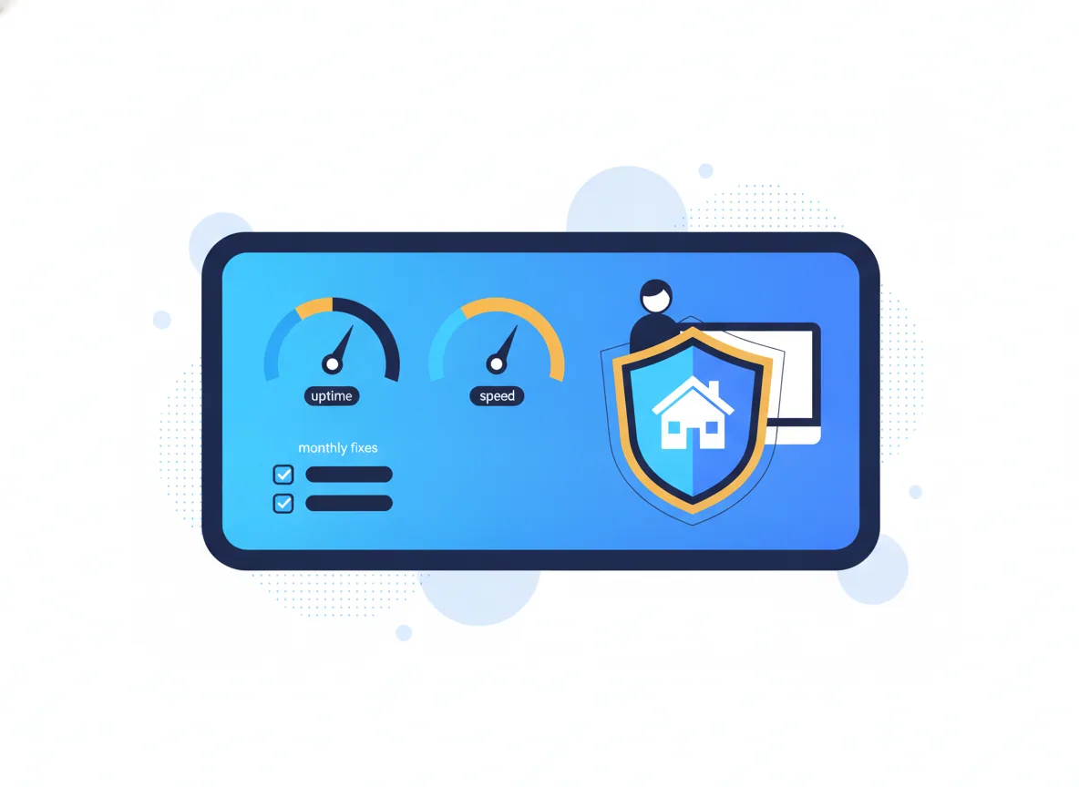 Illustration of a website care dashboard with uptime and speed gauges, a monthly checklist and a security shield, for a real-estate brokerage