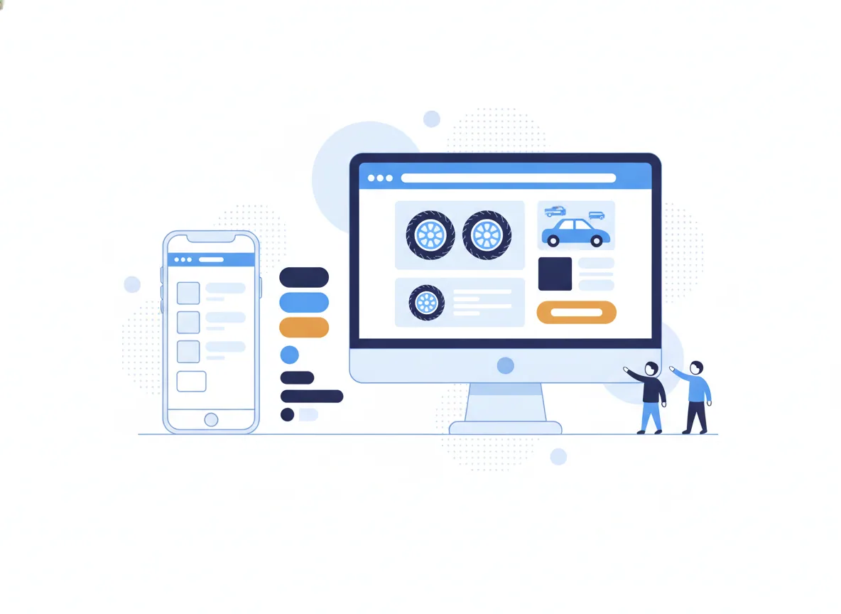 Illustration of a wireframe becoming a finished website on a phone and a desktop, with color and type swatches, for a tire shop