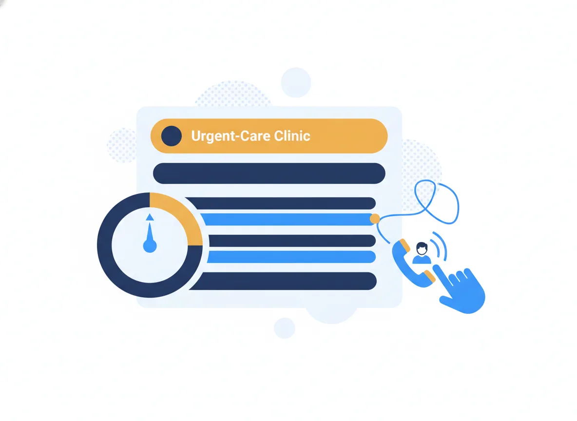 Illustration of a search results page with the top ad slot highlighted next to a bid dial and a ringing phone, for an urgent-care clinic