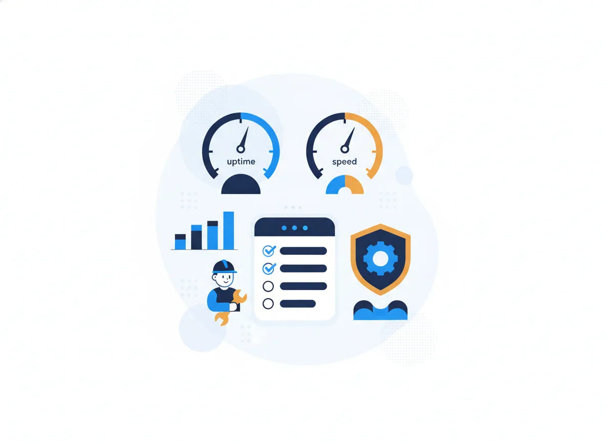 Illustration of a website care dashboard with uptime and speed gauges, a monthly checklist and a security shield, for a home-improvement contractor