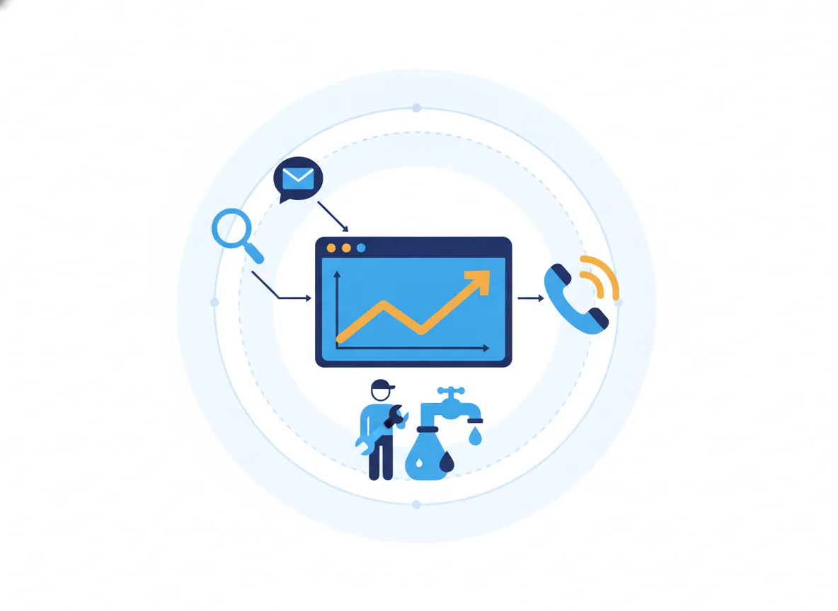 Illustration of search, social and email channels feeding one dashboard with a rising revenue curve, for a plumbing company