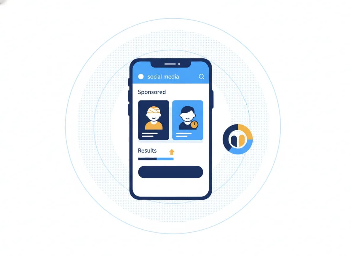 Illustration of a phone showing a sponsored social post, audience targeting rings and a small results chart, for an urgent-care clinic