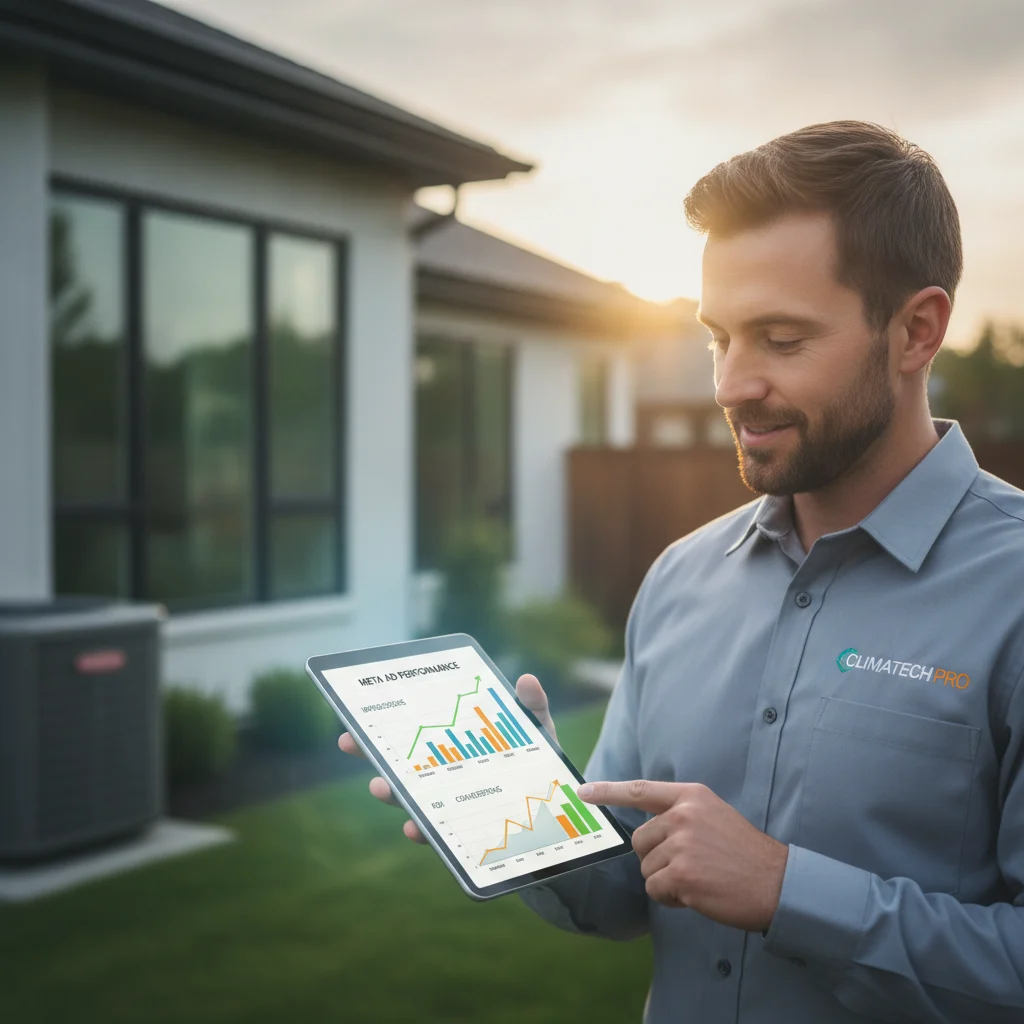 A modern, clean image depicting an HVAC technician looking at a tablet with data analytics and charts related to Meta Ad performance, showing positive growth. In the background, there's a subtle, blurred residential house or an AC unit. The image should convey technology, data-driven decisions, and successful business growth. No text overlays, no competitors, no low-lighting.
