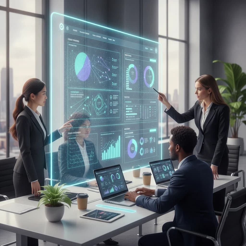 A diverse group of legal professionals, possibly immigration lawyers, collaborating on a modern, sleek web design layout on a large digital screen. The atmosphere is professional and innovative, with data visualizations and analytics visible, conveying a sense of strategic investment and growth. No text overlays, no competitors, bright lighting.