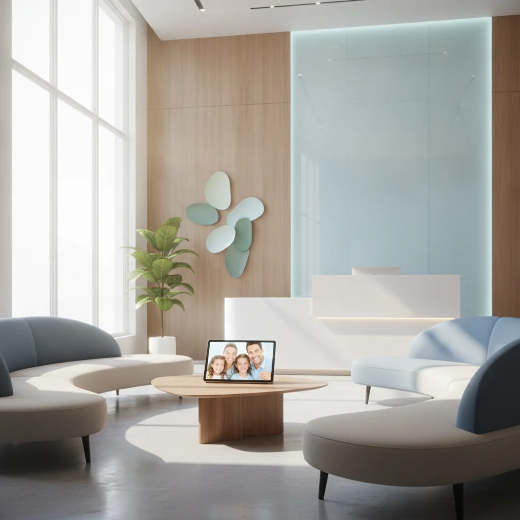 A vibrant, modern dental office reception area, brightly lit with natural light, featuring comfortable seating and a digital tablet displaying a smiling family. The image should convey professionalism, comfort, and advanced technology, with no text and no scary instruments, focusing on patient experience and digital integration. Sunny, welcoming atmosphere.