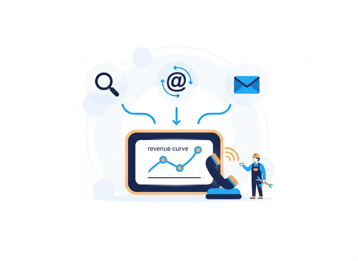 Illustration of search, social and email channels feeding one dashboard with a rising revenue curve, for an electrical contractor