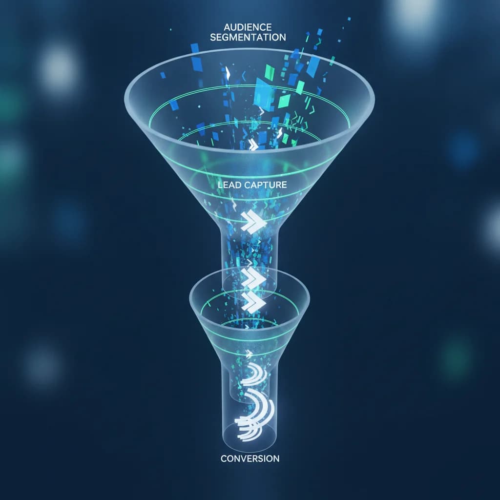 A conceptual illustration showing a digital marketing funnel for legal services, with abstract representations of data flowing through different stages like audience segmentation, lead capture, and conversion. The imagery should be modern, clean, and professional, using a palette of blues, greens, and whites. No text or specific legal symbols that could be misconstrued, focusing on the abstract process of growth and acceleration. No low light. High-angle view with a sense of depth.
