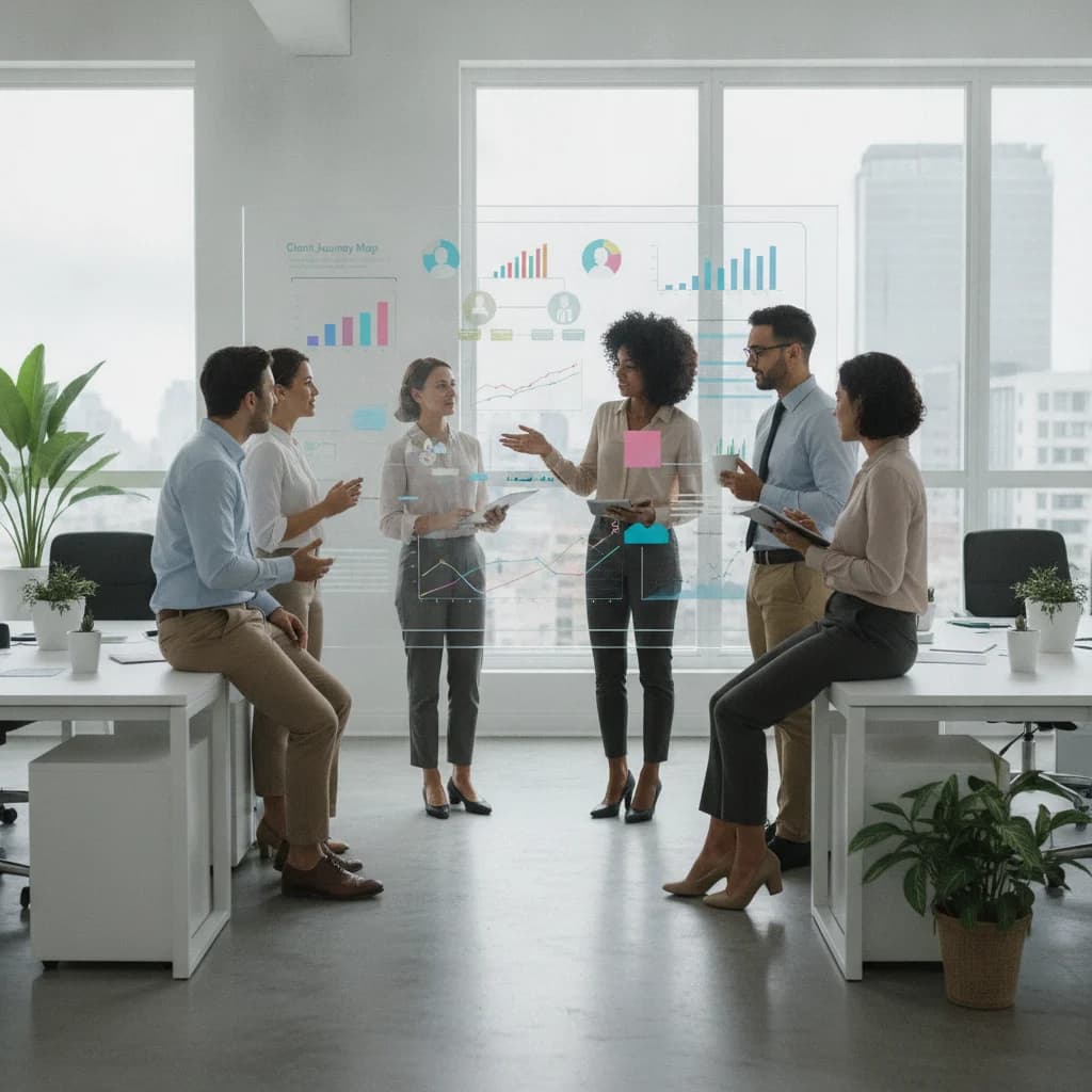 A professional, clean office environment with a diverse team collaborating around a large digital screen displaying analytics and client journey maps. The mood is focused and innovative, with a bright, modern aesthetic. NO text overlays, NO text in image, NO competitors, NO low-lighting.